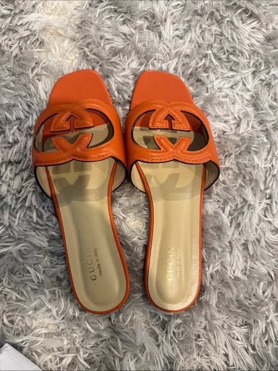 Gucci Shoes - Gucci Orange Leather GG Slide Sandals (1)